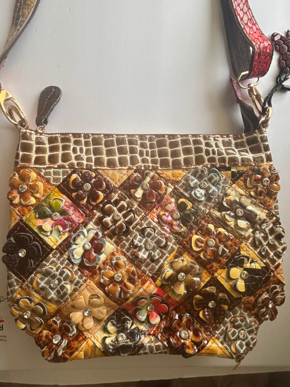 Boho Patchwork Floral Embossed Crossbody Bag | 3D Appliqué Flowers w/Rhinestone - Picture 1 of 15